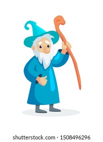 Wizard male character, mage, a sorcerer in a mantle and hat. Warlock waving a magic cane held in his hands. Concept of magic and witchcraft. Wizard male cartoon vector illustration isolated.