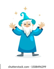 Wizard male character, mage, a sorcerer in a mantle and hat. Warlock with hands up. Concept of magic and witchcraft. Wizard male cartoon vector illustration isolated.