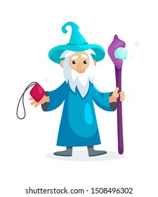 Wizard male character, mage, a sorcerer in a mantle and hat. Warlock with a cane and a magic amulet in his hand. Concept of magic and witchcraft. Wizard male cartoon vector illustration isolated.