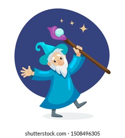 Wizard male character, mage, a sorcerer in a mantle and hat. Warlock waving a magic cane held in his hands. Concept of magic and witchcraft. Mystery vector illustration isolated.