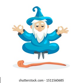 Wizard male character, mage, a sorcerer in a mantle and hat. Warlock hovering in the air. Concept of magic and witchcraft. Wizard male cartoon vector illustration isolated.