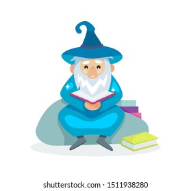 Wizard male character, mage, a sorcerer in a mantle and hat. Warlock with a book in his hands. Concept of magic and witchcraft. Wizard male cartoon vector illustration isolated.