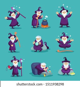 Wizard Male Character, Mage, Sorcerer In A Mantle And Hat. Warlock In A Bathrobe, In Various Situations. Magic Medieval Accessories. Mystery Vector Illustration Isolated.