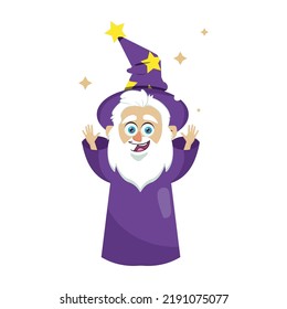 Wizard male character, mage, a sorcerer in a mantle and hat. Warlock with hands up. Concept of magic and witchcraft. Wizard male cartoon vector illustration isolated.