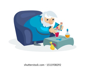 Wizard male character, mage. Warlock sitting on a chair near a small table mixing the magic ingredients in the flasks. Concept of magic and witchcraft. Wizard male cartoon vector illustration isolated