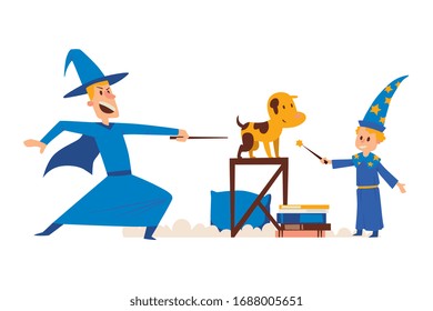 Wizard male character, magical student kid with magic wand, conjure dog, table, book, isolated on white, flat vector illustration. Real sorcery training, neophyte children, concept banner.