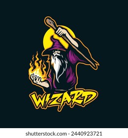 Wizard mascot logo design with modern illustration concept style for badge, emblem and t shirt printing. Wizard illustration with stick in hand.