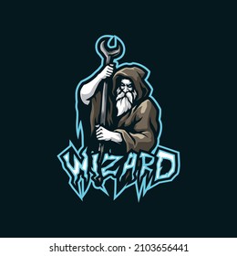 Wizard mascot logo design vector with modern illustration concept style for badge, emblem and t shirt printing. Wizard illustration with stick in hand.