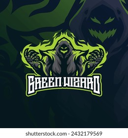 Wizard mascot logo design vector with modern illustration concept style for badge, emblem and t shirt printing. Green wizard illustration for sport and esport team.