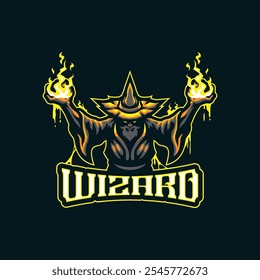 Wizard mascot logo design vector. Angry wizard illustration with fire in hand.