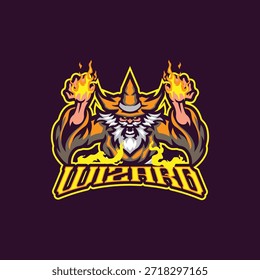 Vetor de design de logotipo de mascote de assistente. Ilustração de bruxo irritado com fogo na mão.