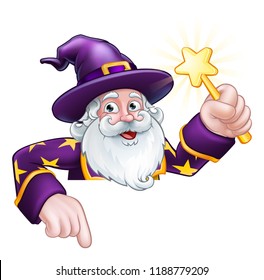 A wizard merlin magician Halloween cartoon character peeking over a sign pointing and holding a wand