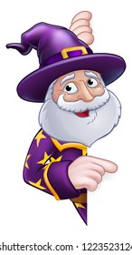 A wizard merlin magician Halloween cartoon character pointing around a sign
