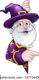 A wizard merlin magician Halloween cartoon character peeping around a sign pointing