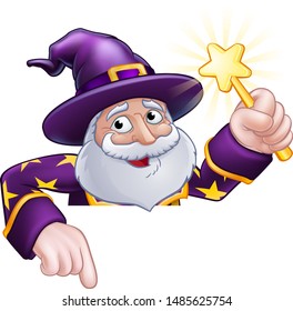 A wizard merlin magician Halloween cartoon character peeping over a sign pointing