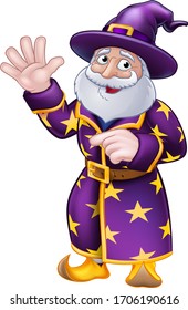 A wizard merlin magician Halloween cartoon character pointing 