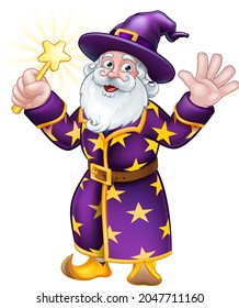 A wizard merlin magician Halloween cartoon character with magic wand