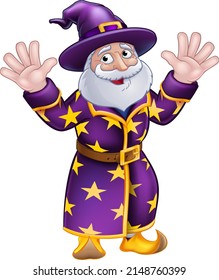 A Wizard Merlin Magician Halloween Cartoon Character Waving With Both Hands