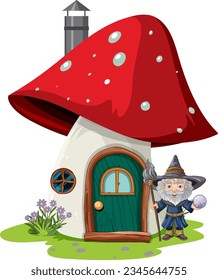 Wizard with Mushroom House illustration