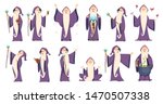 Wizard. Mysterious male magician in robe spelling oldster merlin vector cartoon characters. Sorcerer character in costume, spell magician, witchcraft and magical illustration