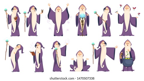Wizard. Mysterious male magician in robe spelling oldster merlin vector cartoon characters. Sorcerer character in costume, spell magician, witchcraft and magical illustration - Shutterstock ID 1470507338