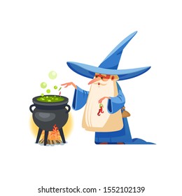 Wizard. Mysterious male magician in robe spelling oldster merlin vector cartoon characters. Sorcerer character in costume, spell magician, witchcraft and magical illustration 