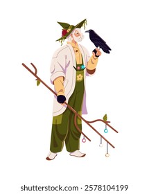 Wizard of nature talks to black crow on his hand. Magician, sorcerer in pointed hat communicates with animal, bird. Magic character, witch does witchcraft. Flat isolated vector illustration on white