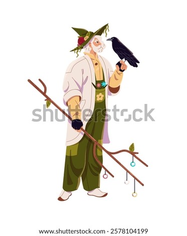 Wizard of nature talks to black crow on his hand. Magician, sorcerer in pointed hat communicates with animal, bird. Magic character, witch does witchcraft. Flat isolated vector illustration on white