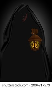 wizard necromancer on a black background with a vintage lantern