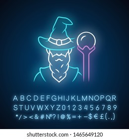 Wizard Neon Light Icon. Sorcerer, Magician In Hat. Old Wise Man, Fantasy Druid. Fairytale Warlock With Beard. Halloween Costume. Glowing Sign With Alphabet, Numbers. Vector Isolated Illustration