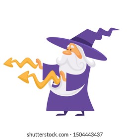 Wizard or old male magician making magic or putting spell or charm isolated character vector. Man in cone hat with white beard, blizzards or lightnings, magical power. Merlin or sorcerer in mantle