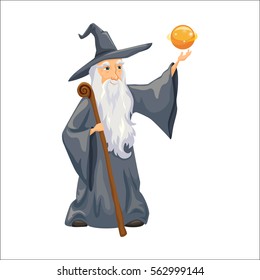 Wizard. Old man with magic staff, hat and mantle. Fairytale. Fantastic kingdom character vector cute clip art. Sorcerer conjures