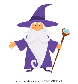 Wizard, old witch man in robe, magician warlock isolated character vector. Magic medieval spelling sorcerer merlin, male witchcraft, hat and mantle. Mystery and magical scepter, elderly with beard