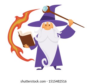 Wizard, old witch man in robe with scepter and flame trace, magic spell book magician isolated character vector. Medieval sorcerer merlin, male witchcraft. Hat and mantle. mystery, elderly with beard