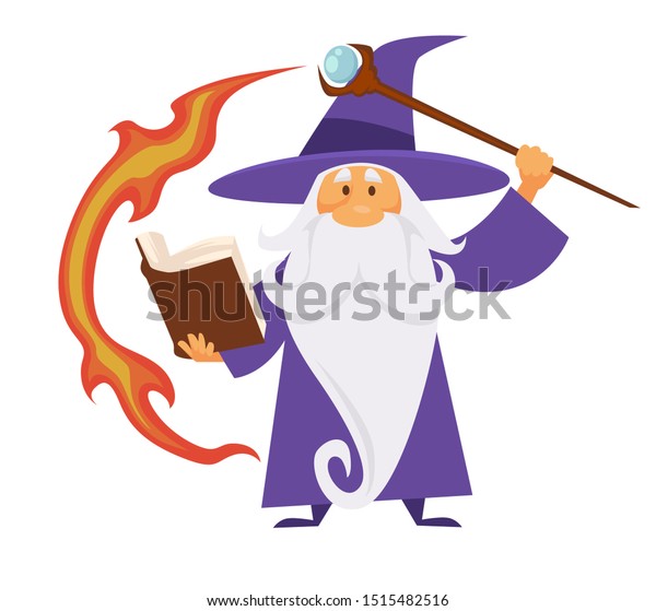 魔法使い スケプターと炎の跡を持つローブを着た老魔女 魔法の魔術師 魔法の魔法書の魔術師の分離型文字ベクター画像 中世の魔術師 マーリン 帽子とマント 謎 顎ひげを持つ年配の人 のベクター画像素材 ロイヤリティフリー