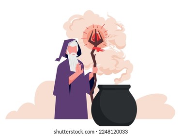 Wizard on background. Characters in robes costume and hats with beard. Old men hold magic stone. Cartoon sorcerer and alchemist. Vector witchcraft mascot illustration