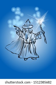 wizard on blue wizard waving his magic wand
