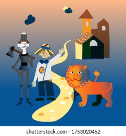 The Wizard Of Oz. Characters From Book Story -Tin Man, Scarecrow And Cowardly Lion Walking Along Yellow Brick Road To Emerald Castle. Vector Cute Illustration Of Famous Fairytale, Child Literature