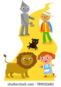 The Wizard Of Oz. Dorothy With Her Dog, The Scarecrow And The Tin Man Meets The Lion.