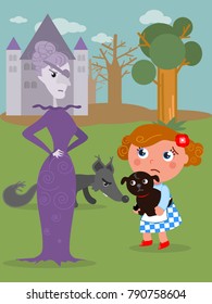 The Wizard Of Oz. Dorothy With Her Dog And The Wicked West Witch, Vector Illustration