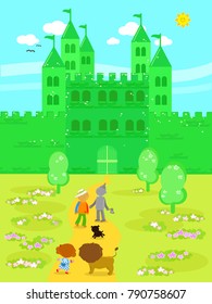 The wizard of Oz. Dorothy with her dog, the Scarecrow and the Tin Man arrived at the Emerald City