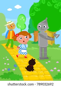 The wizard of Oz. Dorothy and the Scarecrow meet the Tin Man in the wood