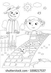 The Wizard Of Oz. Little Girl Dorothy Meets The Scarecrow On The Yellow Brick Road, Coloring Vector