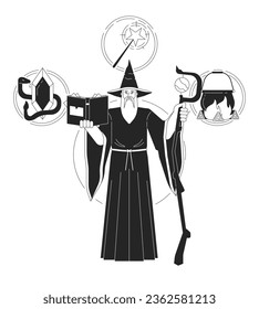 Wizard person archetype bw concept vector spot illustration. Wise man with magical staff 2D cartoon flat line monochromatic character for web UI design. Psychology editable isolated outline hero image