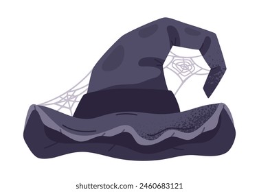 Wizard pointy hat. Cartoon Halloween witch hat decorated with spider web, trick or treat october party magic costume element flat vector illustration. Spooky magician hat