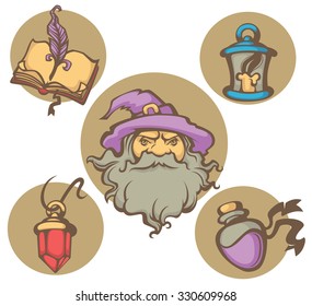 wizard portrait and magic objects vector collection