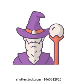 Wizard purple color icon. Sorcerer, magician in hat. Old wise man, fantasy druid. Fairytale warlock with beard. Halloween costume. Isolated vector illustration