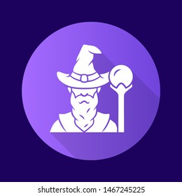 Wizard purple flat design long shadow glyph icon. Sorcerer, magician in hat. Old wise man, fantasy druid. Fairytale warlock with beard. Halloween costume. Vector silhouette illustration