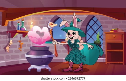 Wizard Rabbit castle. Magical laboratory interior. Sorcerer brews magic potion in tower. Magician with magic wand with beautiful heart.