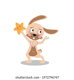 The wizard rabbit holds a star in his hand. Rabbit kids illustration Easter cartoon forest hare animal rabbit holiday funny decoration. Childrens poster design